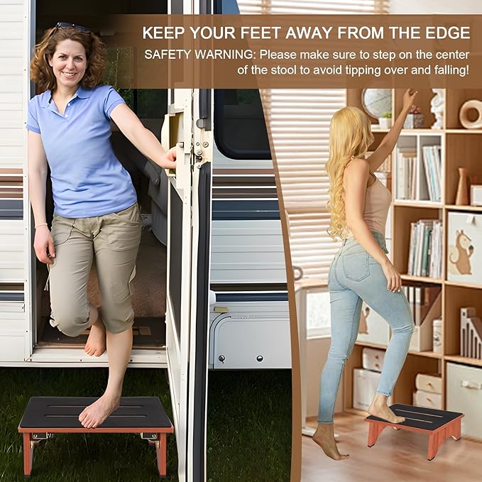 Step Stool Foldable, Wooden Step Stool with Non-Slip Rubber Stepping Platform, Folding Step Stools for Adults Seniors in Bedroom, Kitchen Bathroom, RV, Bed Steps for High Beds, No Assemble (Brown)