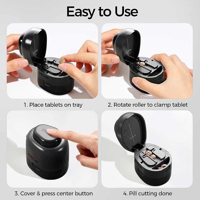 Adjustable Pill Cutter Splitter for Small and Tiny Pills, 1/2 1/4 Pill Splitter for Small Pills Vitamins Tablets, Accurate Alignment & Easy Cutting, Hidden Sharp Blade, Bottom Storage (Black)