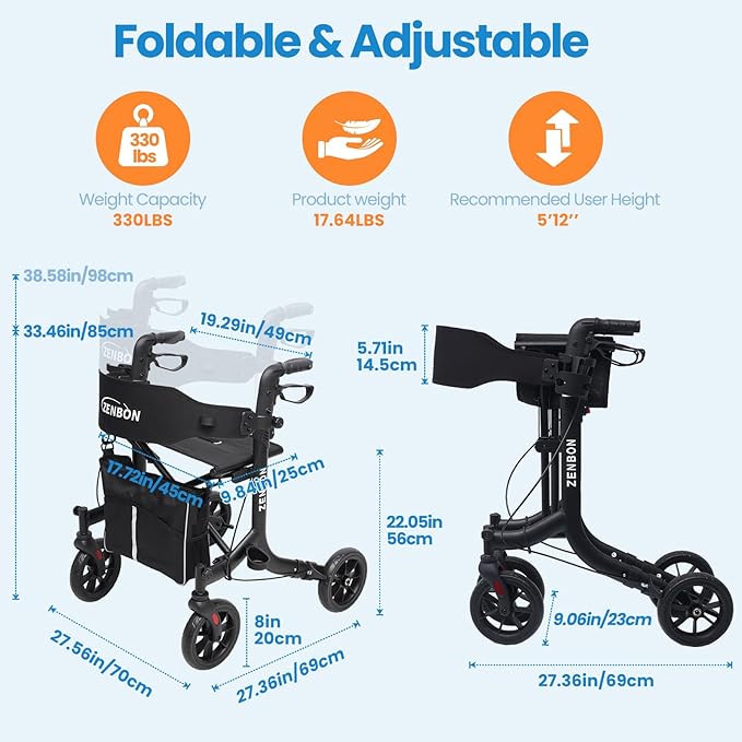 Rollator Walker for Seniors/Adults Foldable Rolling Walker with Seat 330 lbs Capacity 4 Big 8 inch Wheels Hand Grips Adjustable Height Lightweight Aluminum Walker Removable Back Support 7209(Black)