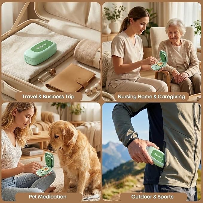 Pill Cutter for Small & Tiny Pills - Adjustable Multi-Cut Tablet Splitter (1/2, 1/3, 1/4 Cuts,) | Safe Hidden Blade & Portable Carry Around Pill Splitter for Cuting Vitamins, Tablets (Matcha Green)