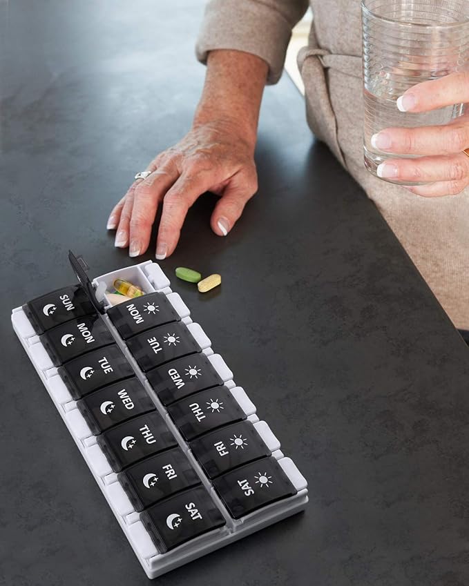 Pill Organizer 2 Times a Day Large Weekly Pills Case, Fullicon Pills Box Container Cases with Unique Push-Button Pop Open Design - Black