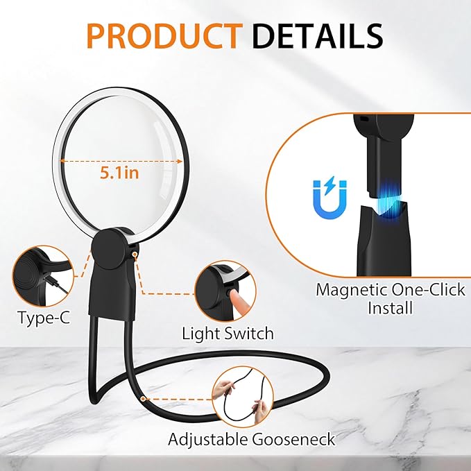 Hands-Free Magnifying Glass with Light, 5X Neck Magnifier for Close Work, Reading Small Print, Cross Stitch, Sewing & Crafts, Rechargeable Lighted Magnifier, Vision Aid for Seniors & Low Vision