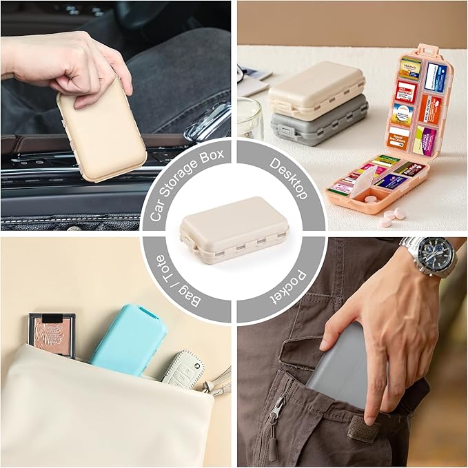 4 Pack 14 Grids Travel Pill Organizer Box with 830-Pcs(2 Set) Medicine Name Labels - Pocket Daily Pharmacy Case Container Kit - Travel Medication Holder Dispenser for Fish Oil Vitamin Supplement