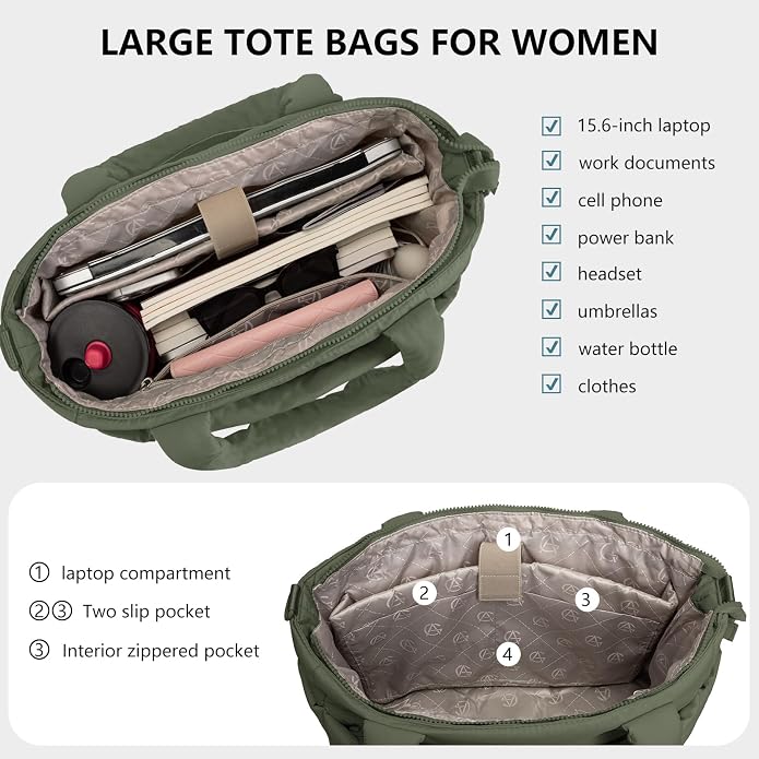 Puffer Tote Bag for Women Quilted Nurse Bag Lightweight Work Bag for Teacher Travel Handbag with Multiple Pockets