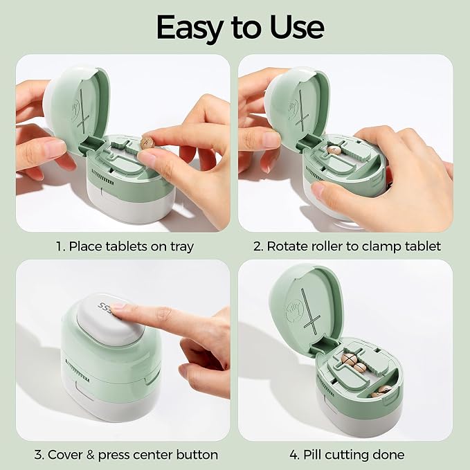 Adjustable Pill Cutter Splitter for Small and Tiny Pills, 1/2 1/4 Pill Splitter for Small Pills Vitamins Tablets, Accurate Alignment & Easy Cutting, Hidden Sharp Blade, Bottom Storage (Green)