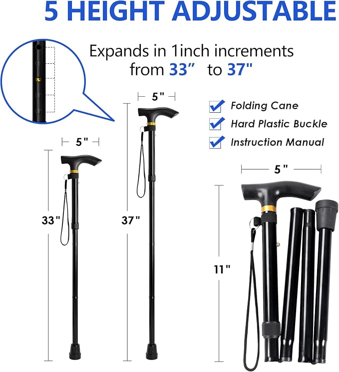 Walking Cane, Folding Cane for Man & Women, Portable Lightweight | 5-Level Adjustable Height, Collapsible Cane for Seniors Balancing Mobility Aid