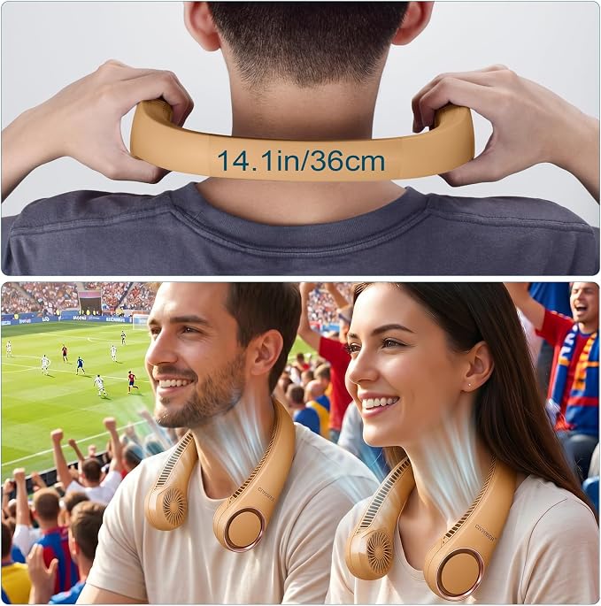 CIVPOWER Neck Fan: Portable Personal Neck Cooling Rechargeable Bladeless Fan - Hands Free 3 Speed 4000 mAh Battery USB Operated Wearable Headphone Design - Gift for Men Women Outdoor (Orange)