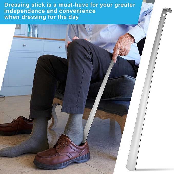Geelin 2 Pcs 31.5'' Extra Long Handled Shoe Horn Metal Shoehorn for Men Women Multifunctional Stainless Dressing Stick for Elderly Disabled Limited Mobility, Standing Reach Assist for Senior (Silver)