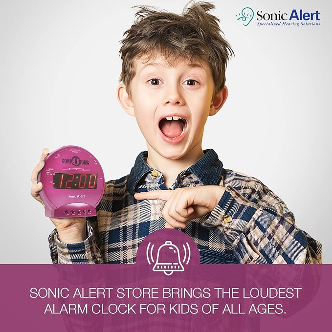 Sonic Alert Sonic Bomb Dual Alarm Clock with Bed Shaker, Pink Vibrating Alarm Clock for Heavy Sleepers, Battery Backup | Wake with a Shake