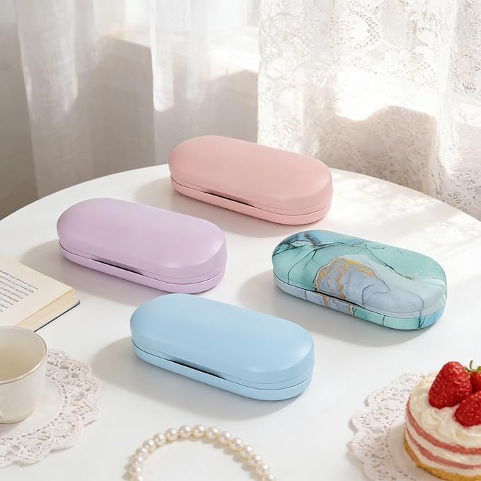 2 in 1 Contact Lens Case and Eyeglasses Case for Women Men Kids, Double Sided Hard Shell Portable Glasses Travel Holder with Built-in Mirror, Contact Lens Box (Sky Blue)