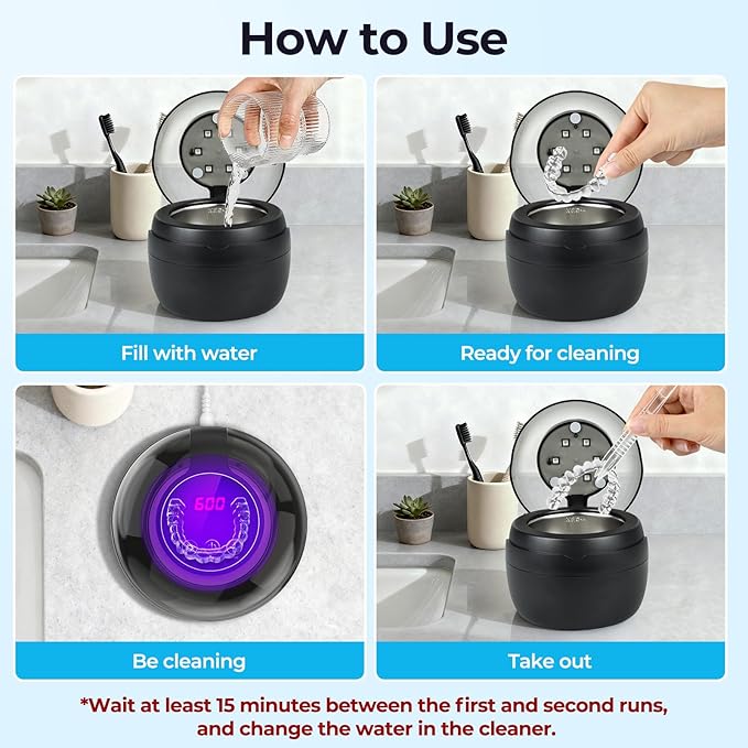 Ultrasonic Retainer Cleaner Machine, Denture Cleaner for Mouth Guard, Night Guard, Aligner, Dentures,Braces, Jewelry, 45kHz 250ML UV Ultrasonic Denture cleaner Ultra Sonic Cleaning for Retainers Black