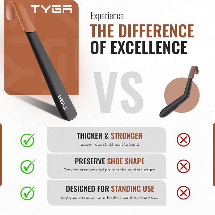 TYGA STORE Metal Shoe Horn with Handle 42cm Long Shoe Horn with Leather Strap for Men Women Kids