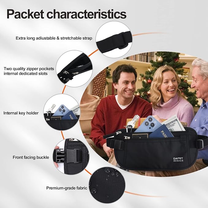 Money Belt - Passport Holder Secure Hidden Travel Wallet with RFID Blocking, Undercover Fanny Pack (Black)