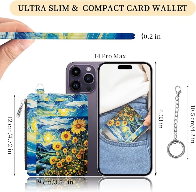 Hancynir Sunflower Small Wallet Women Credit Card Holder, Slim RFID Cute | Zipper Keychain Wallet, Travel Coin Front Pocket, Ladies Women Gifts, Thin Minimalist Card Case, 6 Card Slots, PU Leather