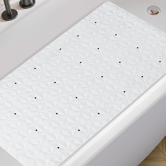 Non Slip Bathtub Mat for Bath Tub Shower Safety - Natural Rubber Mat with Suction Cups & Drain Holes - BPA/PVC Free Large Bathroom Mat - Machine Washable - Unique Diamond Pattern - 17 × 35 Inch