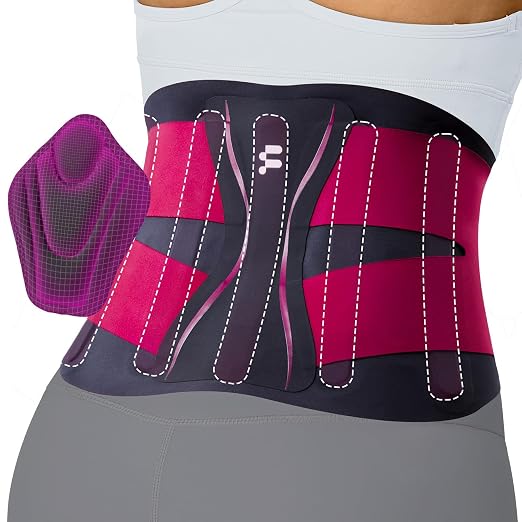 Ultra Thin Back Brace for Women Men, Seamless Yoga Fabric for All Day Comfort, Slim-Fit, Wear under Clothes, Removable Lumbar Pad for Lower Back Pain, Sciatica, Posture, Lifting, Rose, Size M