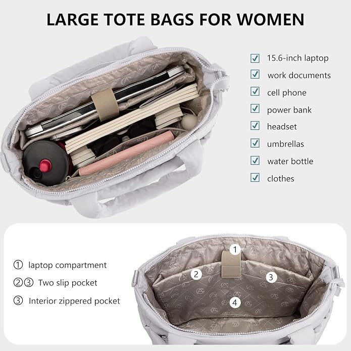 Puffer Tote Bag for Women Quilted Nurse Bag Lightweight Work Bag for Teacher Travel Handbag with Multiple Pockets
