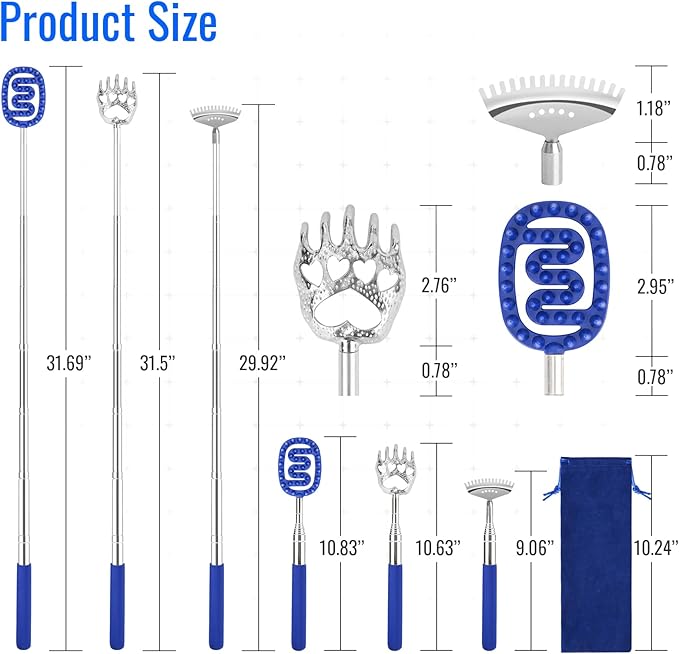 Oversized Back Scratcher Massager with 3 Detachable Heads, Stocking Stuffers for Men & Women, Extendable 30" Handle with Spikes, Rake & Bear Claw Heads (Navy Blue)