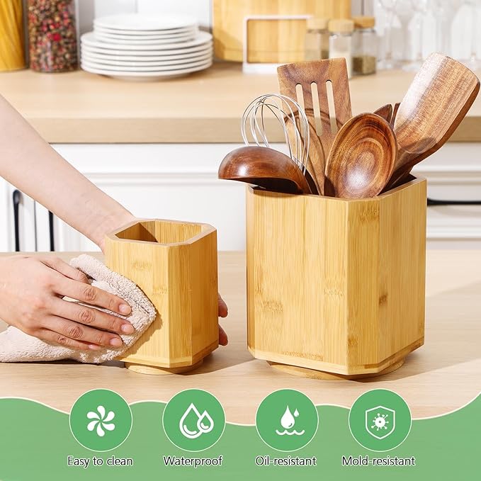 2 Pack Wooden Utensil Holder, 360°Rotating Kitchen Cooking Utensil Crock, Spoon Spatula Holder for Kitchen Counter, Farmhouse Countertop Organizer ()