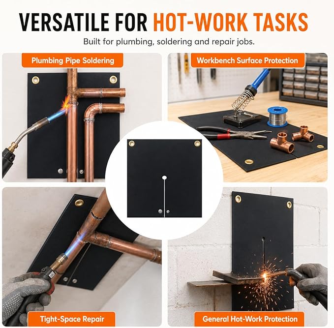 Welding Blanket Fireproof, 12x12inch Soldering Heat Shield Mat for Torch, Flame Protector, Soldering Repairs with Hole for Pipe Soldering, 2pack Welding Pad for Plumbing