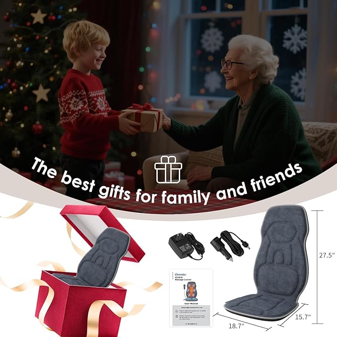 Back Massager with Soft Plush Fabric Cover, Massage Seat Cushion with 8 Vibration Motors & 2 Heating Levels, Chair Massager for Recliner, Office Chair, Sofa, Home Use, Gifts for Dad Mom