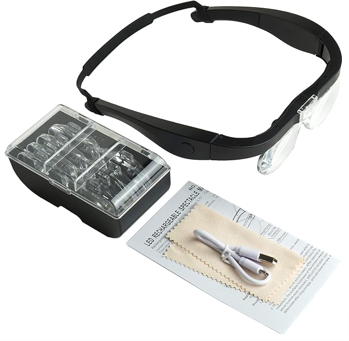 Rechargeable Magnifying Glasses with Light, Hands-Free Headset for Jewelers, Eyelash Extensions, Watch Repair, Cross Stitch, and Close Work