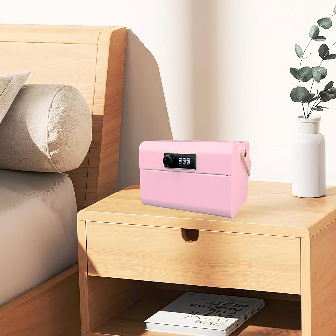 Medicine Lock Box with Code, Portable Medication Storage Box with Handle, Safety Medicine Case, First Aid Storage Organizer for Dorm Room, Home, Office (Pink)