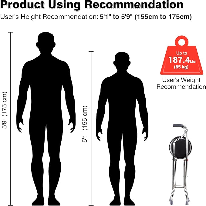 AW Lightweight Folding Walking Cane Stick with Seat Four Legged Portable | Travel Hiking Chair Stool Eldely Care Aid