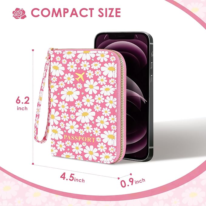 KONVINIT Pink Floral Passport Holder For Travel, Passport Cover For Women | Leather RFID Blocking Passport Holder, Cute Passport Wallet with Zipper Closure, Passport Case for Women and Men