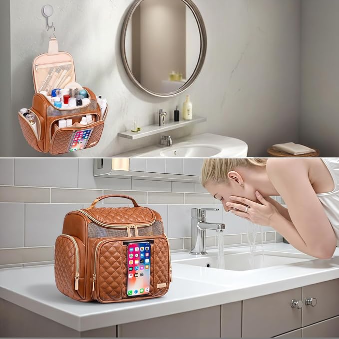 Large Leather Toiletry Bag for Women Men,Bathroom Bag,Water Resistant Shower Bag,Makeup Bag,Portable Shower Caddy for College Dorm,Hanging Travel Toiletry Bag with Transparent Waterproof Phone Pocket