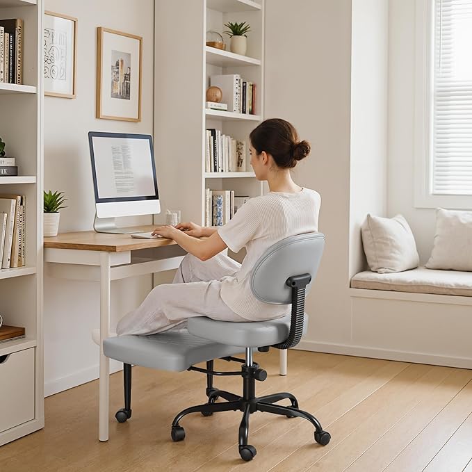 Ergonomic Cross Legged Office Chair with Wheels - Adjustable Height Kneeling Meditation Chairs for ADHD, Yoga & Desk Work - Wide Criss Cross Seat with Lumbar Support, Gray