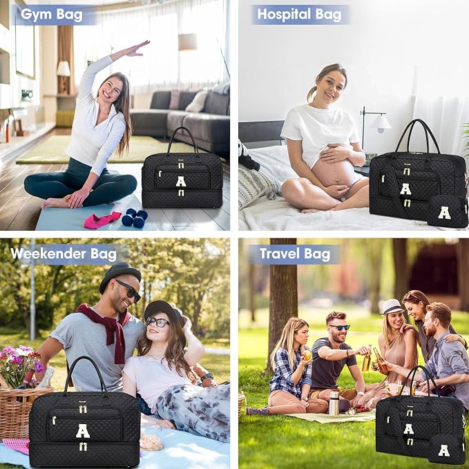 Initial Travel Duffle Bag for Women - Black Personalized Weekender Bags Overnight Bag with Shoe Compartment & Wet Pocket Weekend Tote Bags with Toiletry Bag Monogram Gifts (Letter A)