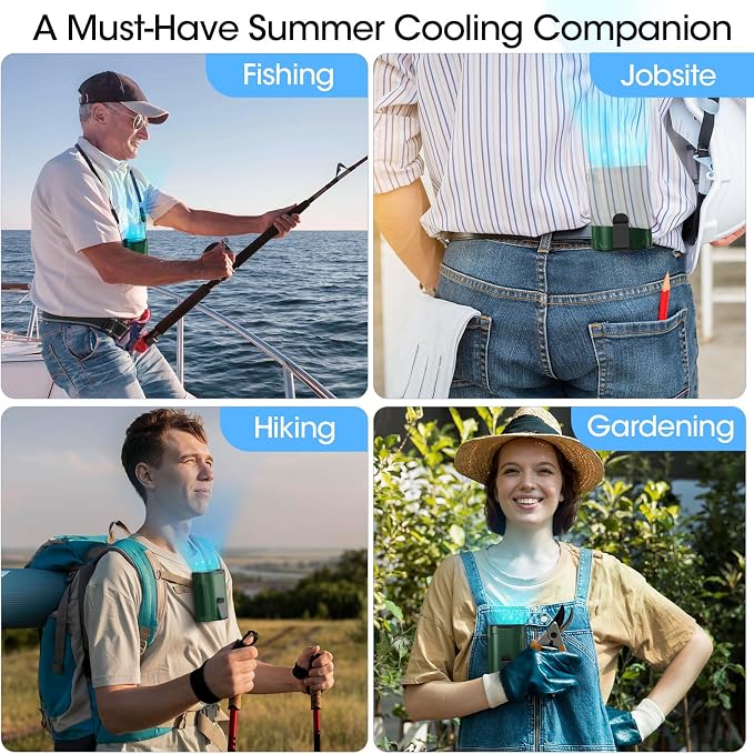 Heelkl 2026 AI Portable Fan Rechargeable, 4 Speeds Strong Airflow, Personal Waist Fan with up to 25H of Working Time, Hanging Neck Fan, Wearable Belt Fan for Camping, Outdoor, Jobsite - Green