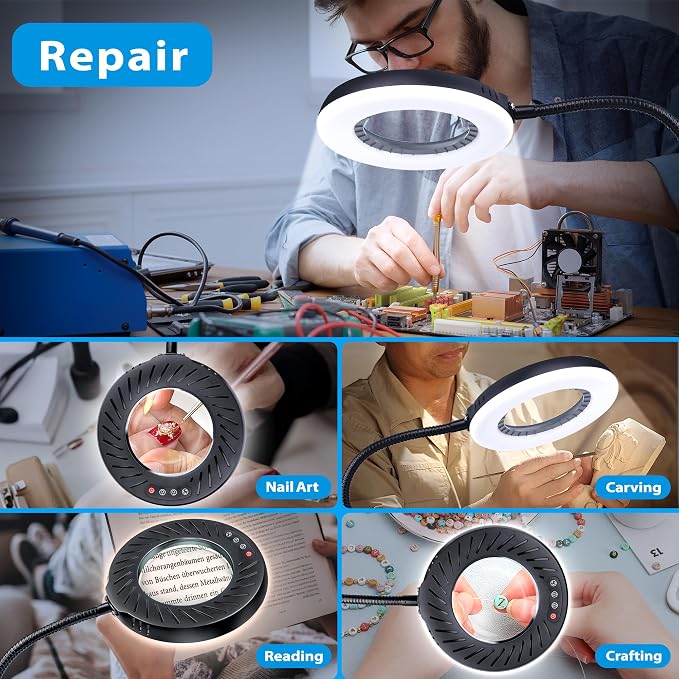 12X Magnifying Glass with Light and Stand, LED Magnifying Lamp with Clamp | 5 Color Modes, Stepless Dimmable, Flexible Gooseneck, for Diamond Painting and Small Craft Work Hobby Reading Sewing