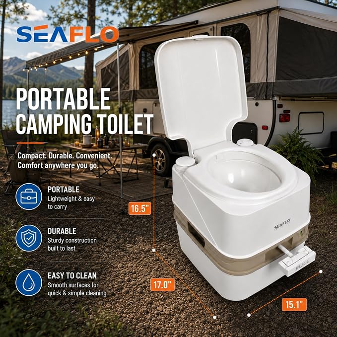 SEAFLO Premium Camping Portable Toilet - 5.8 Gallon Waste 3.43 Gall Fresh Tank (100 Flushes), 440 lbs Max Weight, Level Indicator, Sealed Waste Tank for RV, Boat, Elderly, Off-Grid, 4-Year Warranty