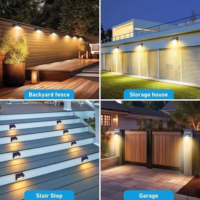 4 Pack Solar Motion Sensor Lights Outdoor Waterproof with 3 Modes | Warm White, Black Frame, LED, Solar Powered, Security Lighting for Outside Wall Garden Fence Yard Deck Patio Garage