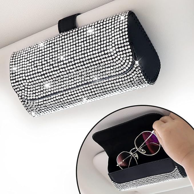 Accmor Bling Sunglasses Holder for Car Sun Visor 2 Pack, Vehicle PU Leather Glasses Storage Case Eyeglasses Organizer Protective Box Sparkling Crystal Car Accessories for Truck, SUV, RV (White)