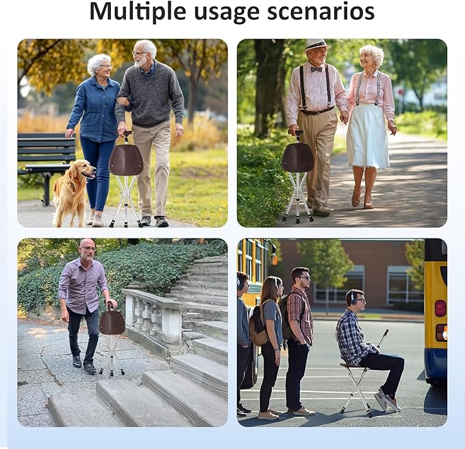 Cane with Seat Folding Lightweight,Height-Adjustable Cane,Chair for Seniors Supports Up to 330 Pounds,Anti-Slip Walking Stick for Elderly Men, Disabled