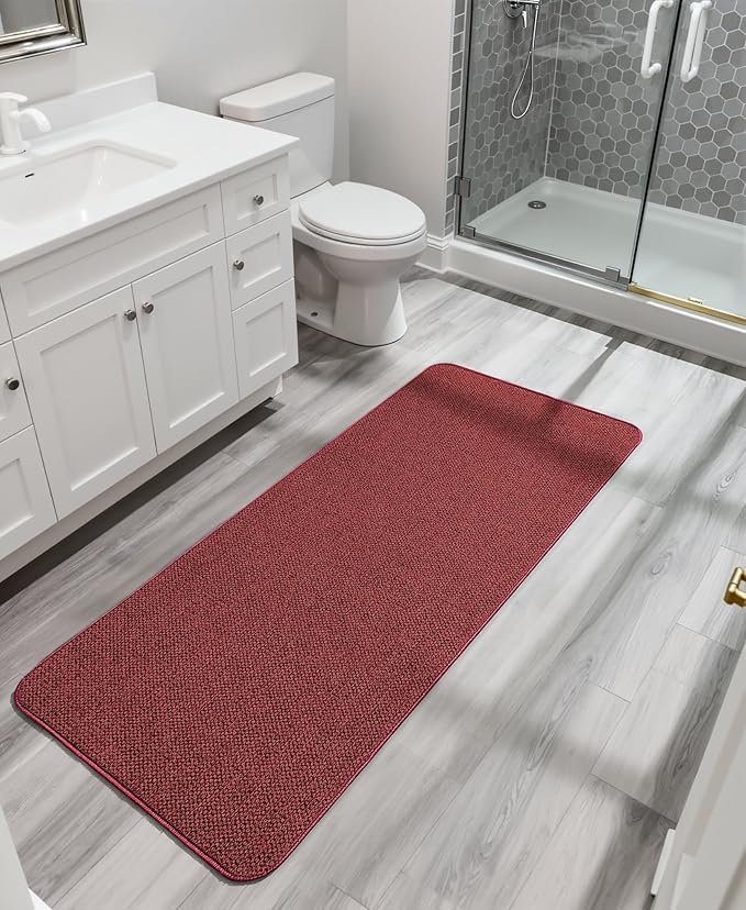 Bath Mat,Ultra Thin Bathroom Runner Rugs,Large Bath Mats for Bathroom,Quick Dry,Non-Slip,Machine Washable,Low Pile,Bath Rug,Shower Outside,Sink,Home Decor Accessories.Red,3'x5'(36x60inch)