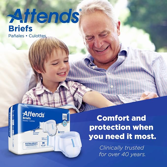 Attends Adult Incontinence Disposable Briefs, Medium, 32"-44" Waist with SecureGrip Tab Closure, Extra Heavy Absorbency with Super Absorbent Core and Breathable Side Panels, 96ct Bag