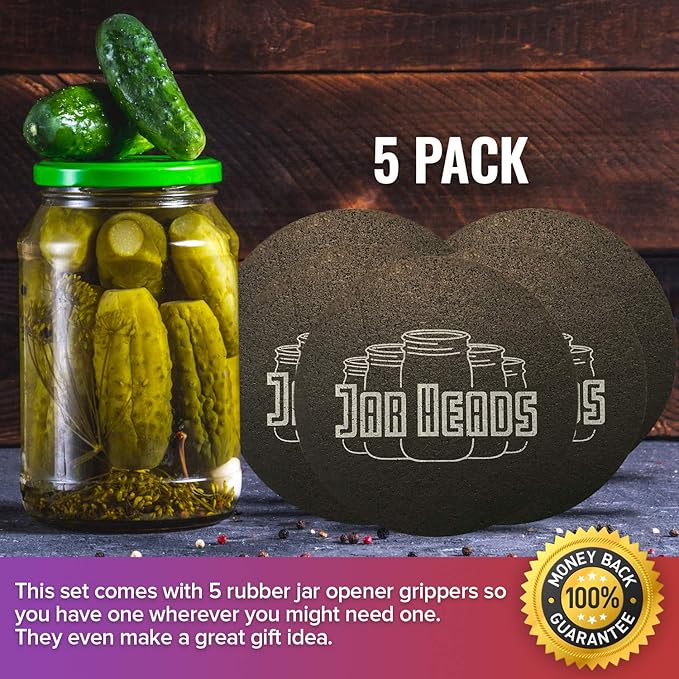 JAR HEADS Rubber Jar Opener Gripper Pad 5 Pack - Thick 5 Inch Grippers for Opening Jars Made in the USA - Jar Opener for Weak Hands & Seniors with Arthritis