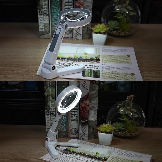 4X Rechargeable Magnifying Glass with 18 LED Light, Foldable Handheld Stand, Magnifying Glass with Light Ideal for Close Work, Seniors Reading, Macular Degeneration - Inbuilt Lithium Battery Included