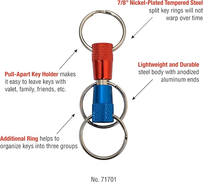 Lucky Line 3-Way Pull Apart Keychain,1 Pack, Red, Blue and Silver (71701)