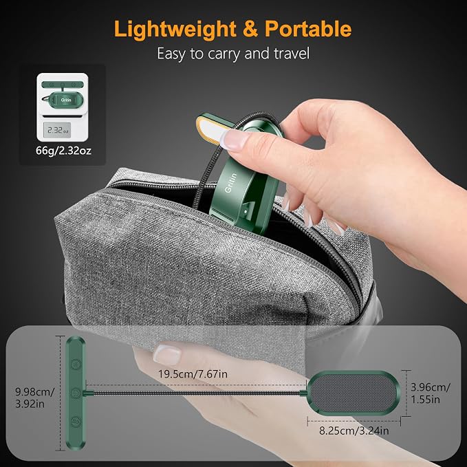 Gritin Rechargeable Book Light for Reading in Bed with 19 LED | Eye Caring 3 Color Temps, 5 Brightness Levels, Memory Function, 90 Hrs Runtime Flexible Goose Neck Clip on Light-Dark Green