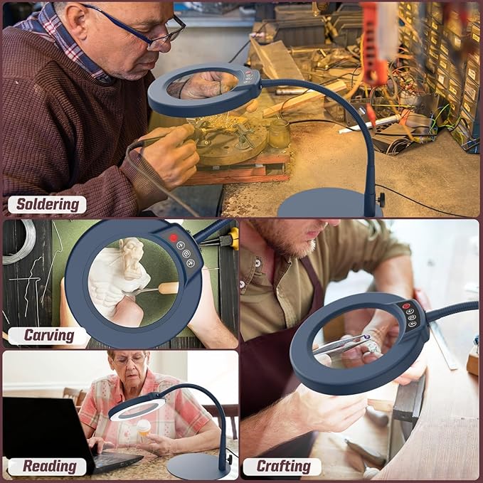 10X Magnifying Glass with Light and Stand, 5 Color Modes Stepless Dimmable LED Lighted Desk Lamp, Hands Free Flexible Gooseneck Magnifier with Light for Craft Hobby Painting Close Work - Blue