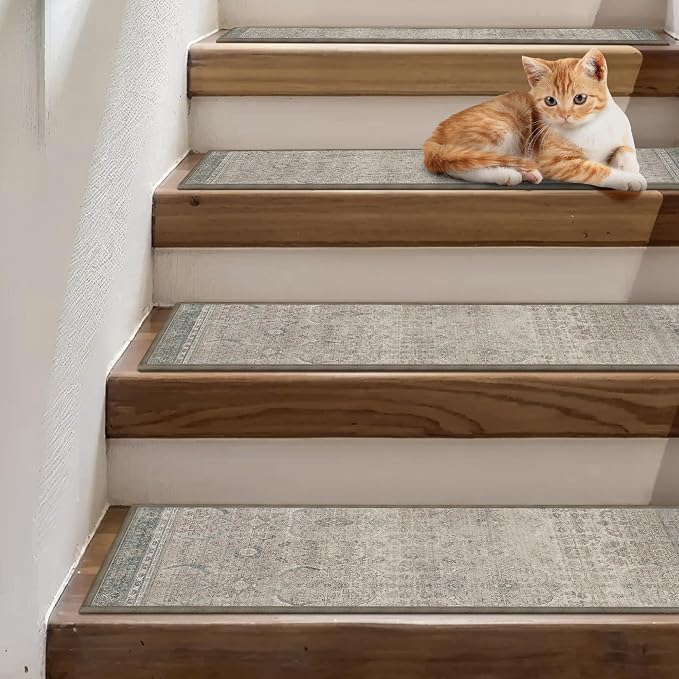 sarben 8"x30" Non Slip Stair Treads for Wooden Steps 15 Pack, Cameo | Peel and Stick Carpet Stair Runner with TPE Adhesive Backing, Carpet for Added Safety, Pet and Senior Friendly
