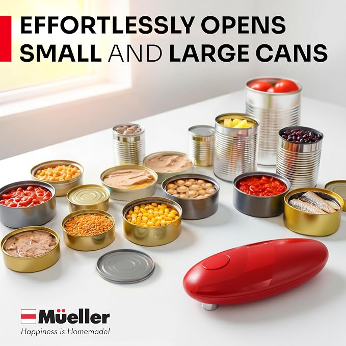 MUELLER HOME SmoothEdge Auto Can Opener Electric, Red | Battery-Operated, Magnet Lid Lifter, Portable Hands-Free One Touch, For Seniors & Arthritis, Kitchen Accessories