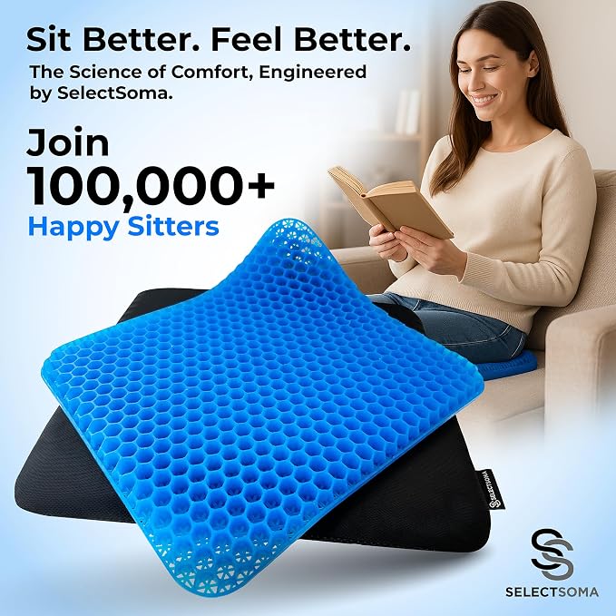 SelectSoma Gel Seat Cushion for Long Sitting, Pressure Relief for Sciatica, Tailbone, Coccyx & Back Pain, Office Chair, Wheelchair, Car & Truck – Standard Size Blue Gel