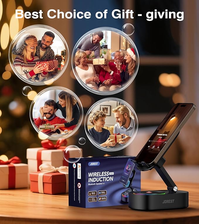Jorest Wireless Induction Speaker with Phone Stand,Valentine's Gifts for Older Men Women Teenage Boy,Bluetooth Speakers with Desk Cell Holder, Foldable with iPhone/Ipad,Birthday Gift for Dad Father