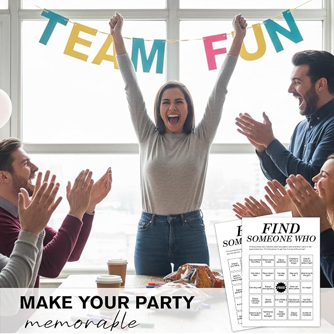 Find Someone Who Bingo Cards, 25 Unique Randomized 5x7 Sheets, Get to Know You Bingo Game for Adults, Ice Breaker Office Party Games, Team Building Games for Work, High Replay Value - B004
